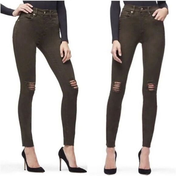 Good American Good Legs Skinny Distressed Raw Hem Jeans in Olive Green Size 6/28 - Picture 1 of 10